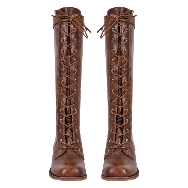 Chunky Heel Lace Up Square Toe Boots