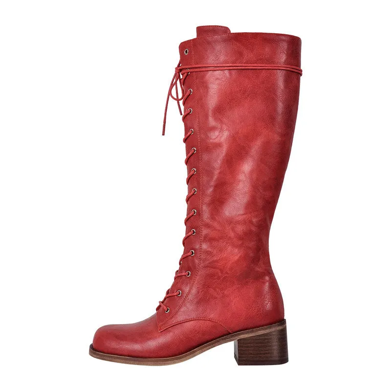 Chunky Heel Lace Up Square Toe Boots
