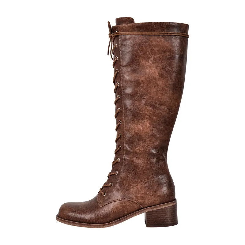 Chunky Heel Lace Up Square Toe Boots