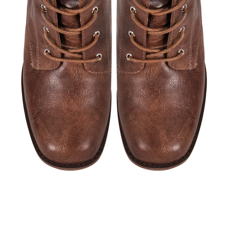 Chunky Heel Lace Up Square Toe Boots