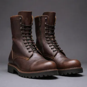 Dark Brown Leather Oriella Lace Up Chunky Derby Boots with Zipper and Track Sole - Hiking and Trekking Boots