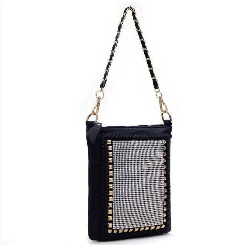 D'Orcia | Stud Braid Chain Bling Messenger Purse Black & Gold Chain