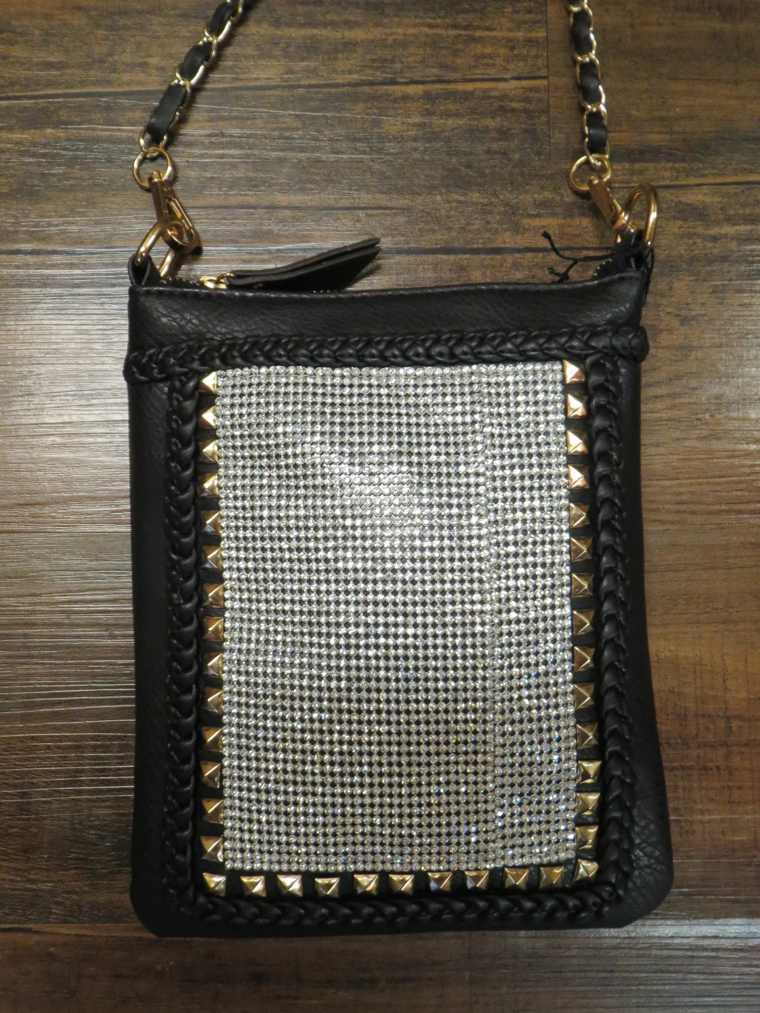 D'Orcia | Stud Braid Chain Bling Messenger Purse Black & Gold Chain