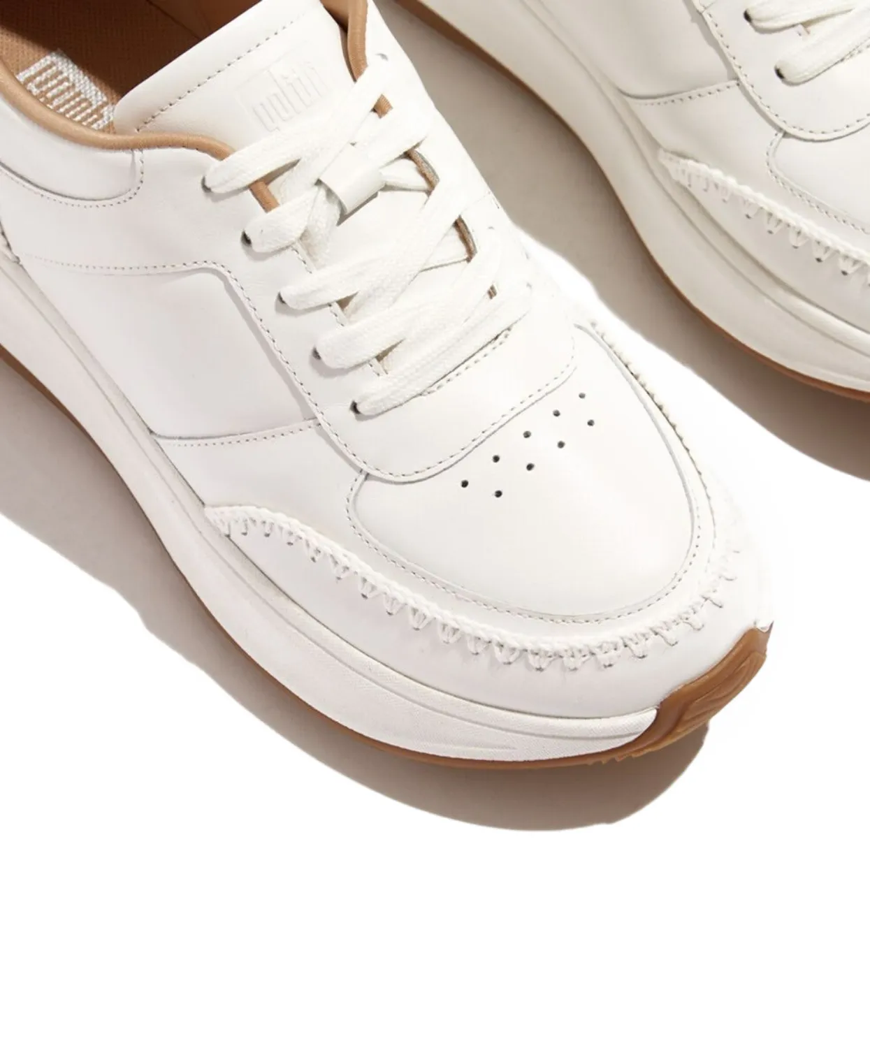 F-mode Crochet-Stitch Leather Flatform Sneakers White