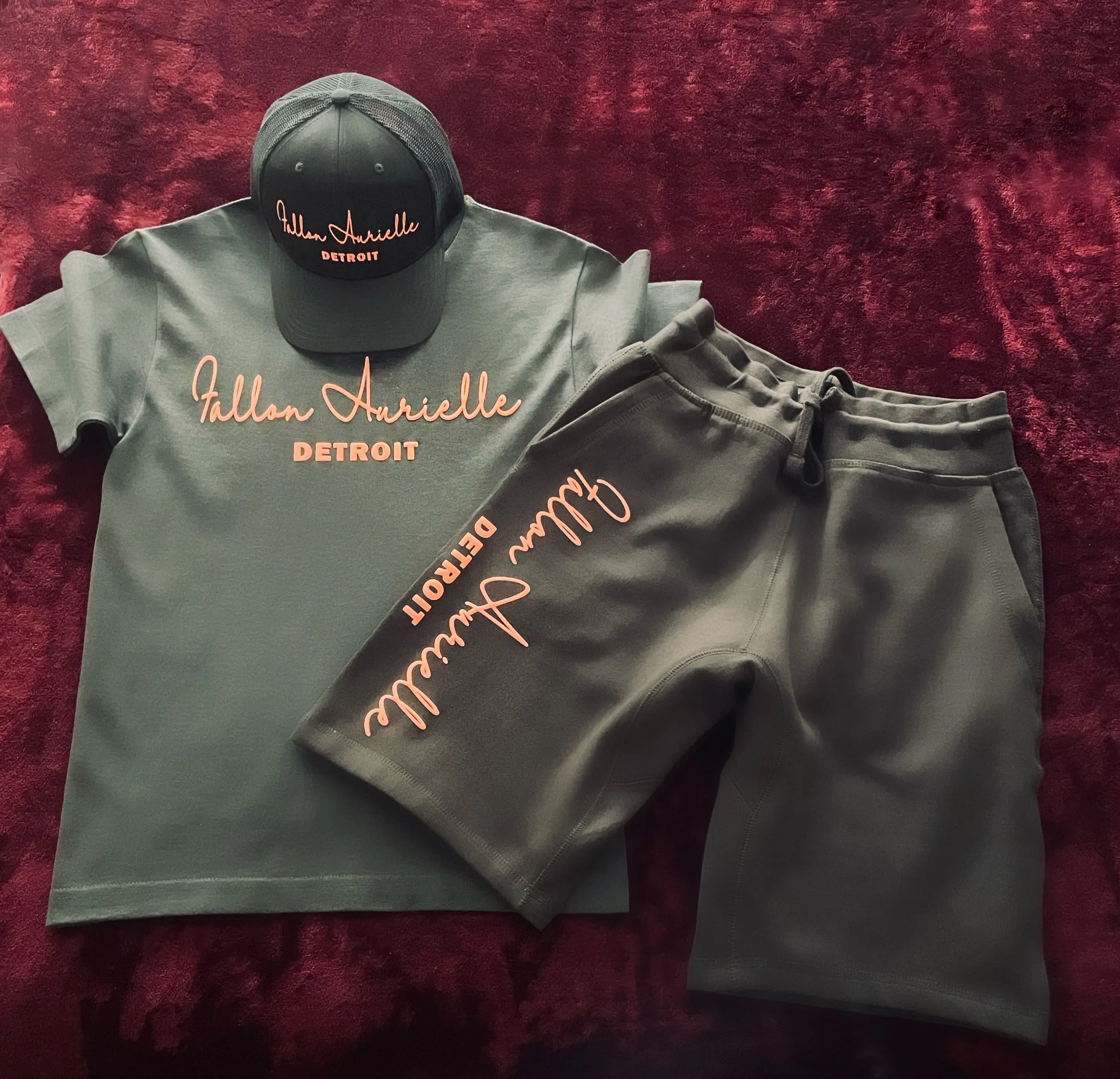 Fallon Aurielle Unisex Signature 3 Piece Detroit Rep Yo Set Short Set (Olive Green & Neon Orange)