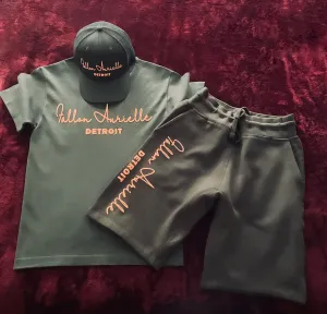 Fallon Aurielle Unisex Signature 3 Piece Detroit Rep Yo Set Short Set (Olive Green & Neon Orange)