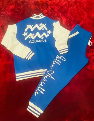 Fallon Aurielle Unisex Signature Aquarius Logo & Name Zodiac Jacket Jogging Set (Royal Blue & White)