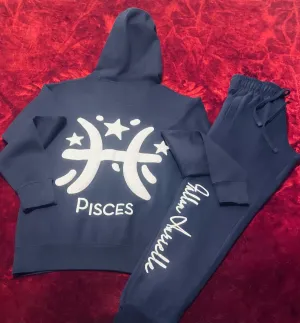 Fallon Aurielle Unisex Signature Pisces Logo & Name Zodiac Jogging Set (Navy & White)