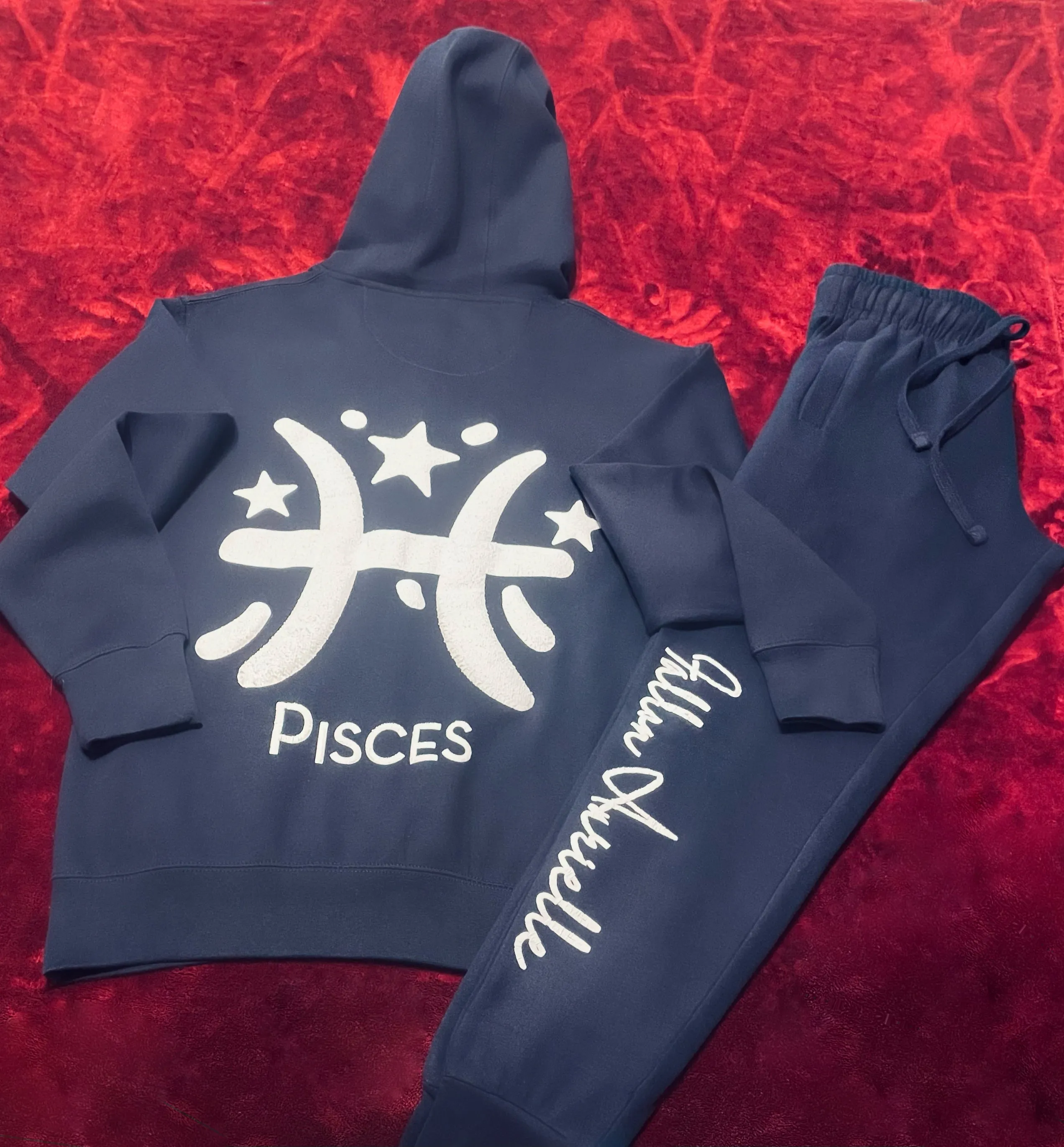 Fallon Aurielle Unisex Signature Pisces Logo & Name Zodiac Jogging Set (Navy & White)