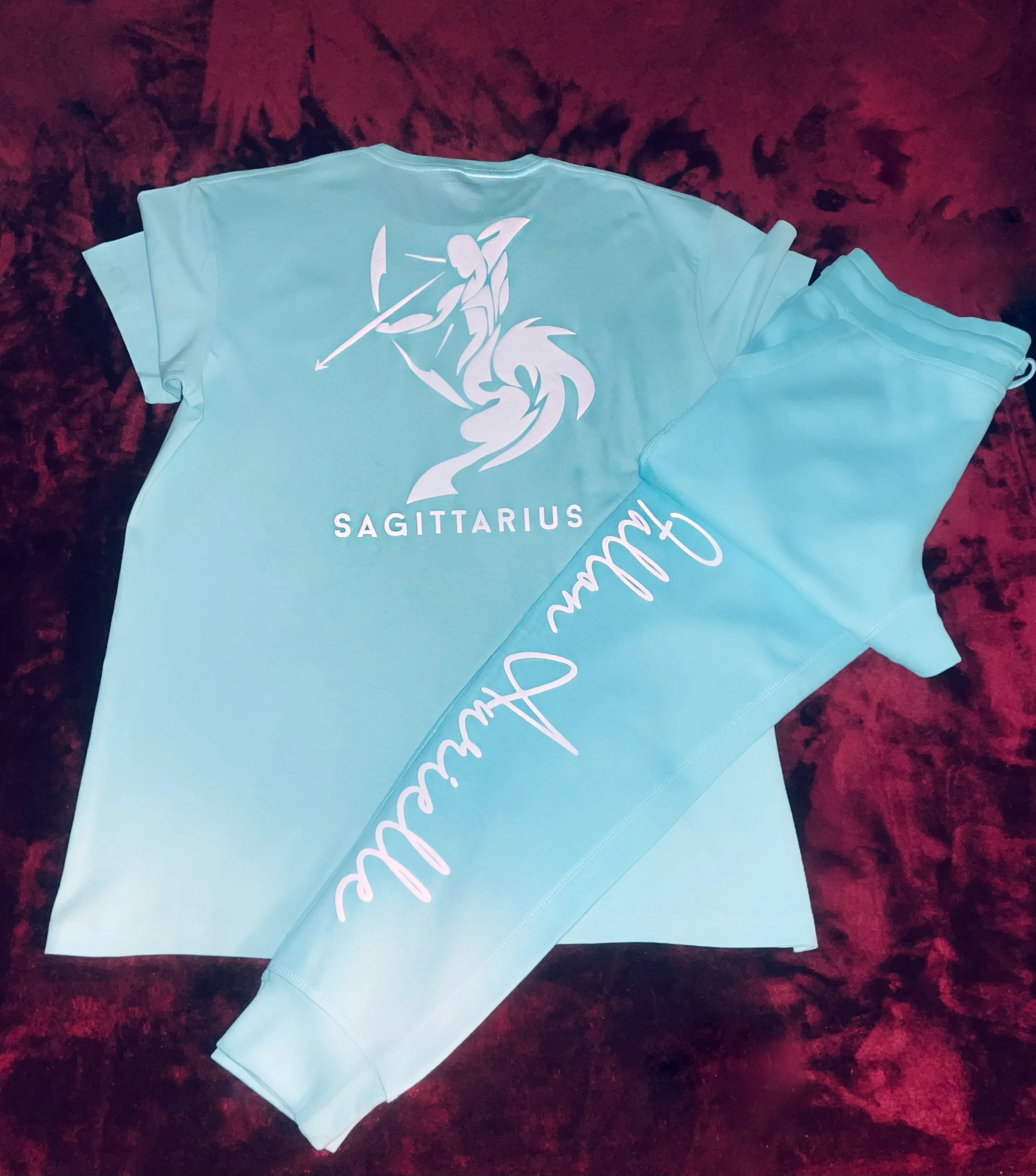 Fallon Aurielle Unisex Signature Sagittarius Logo & Name Zodiac T-Shirt (Seafoam Green & White)