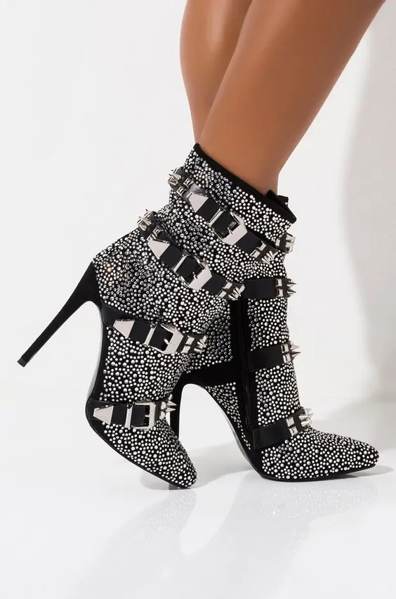 Fashion Crystal Stud Buckle Motorcycle Ankle Boots