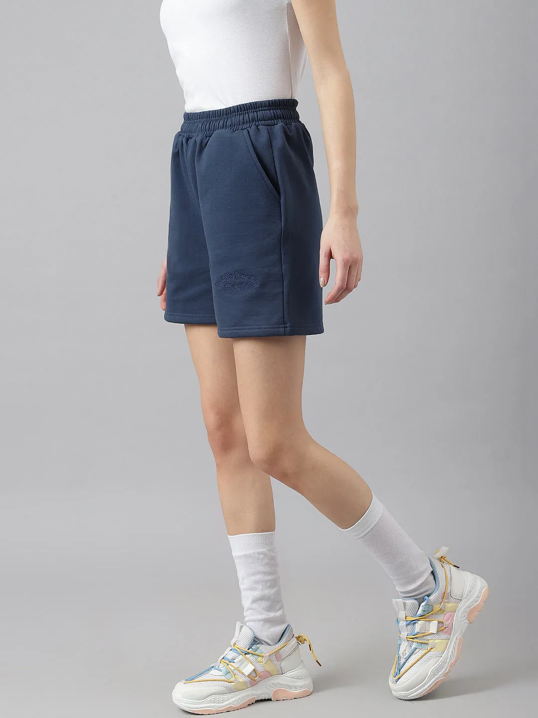 Fitkin Women Blue High Waisted Fleece Shorts
