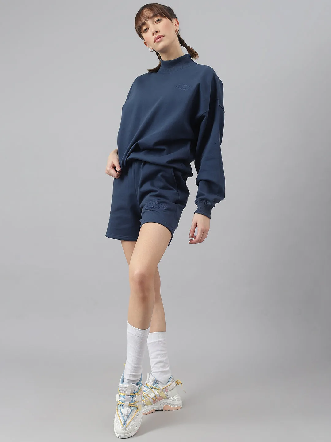 Fitkin Women Blue High Waisted Fleece Shorts