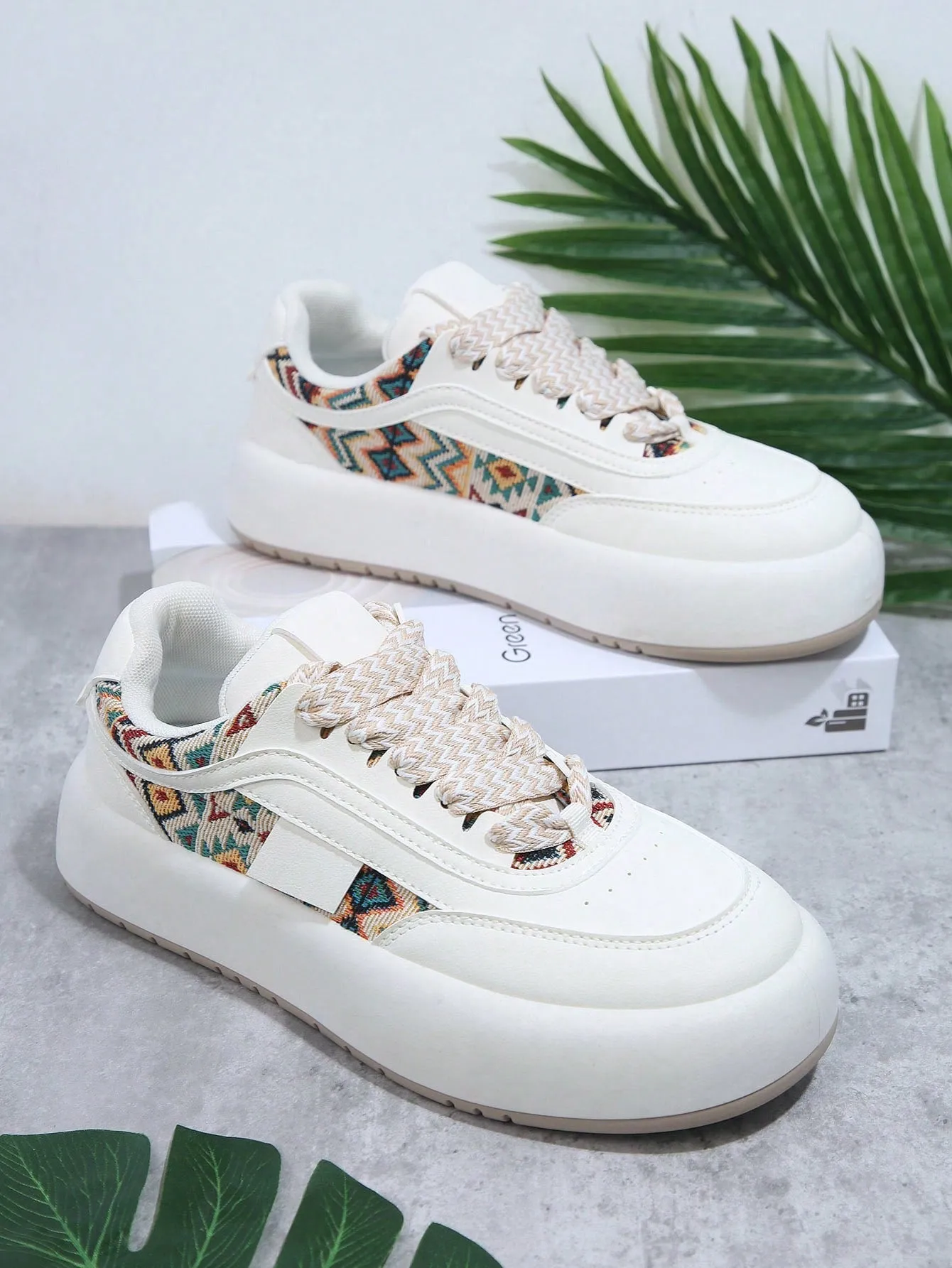 Geo Pattern Lace Up Chunky Sole Sneakers