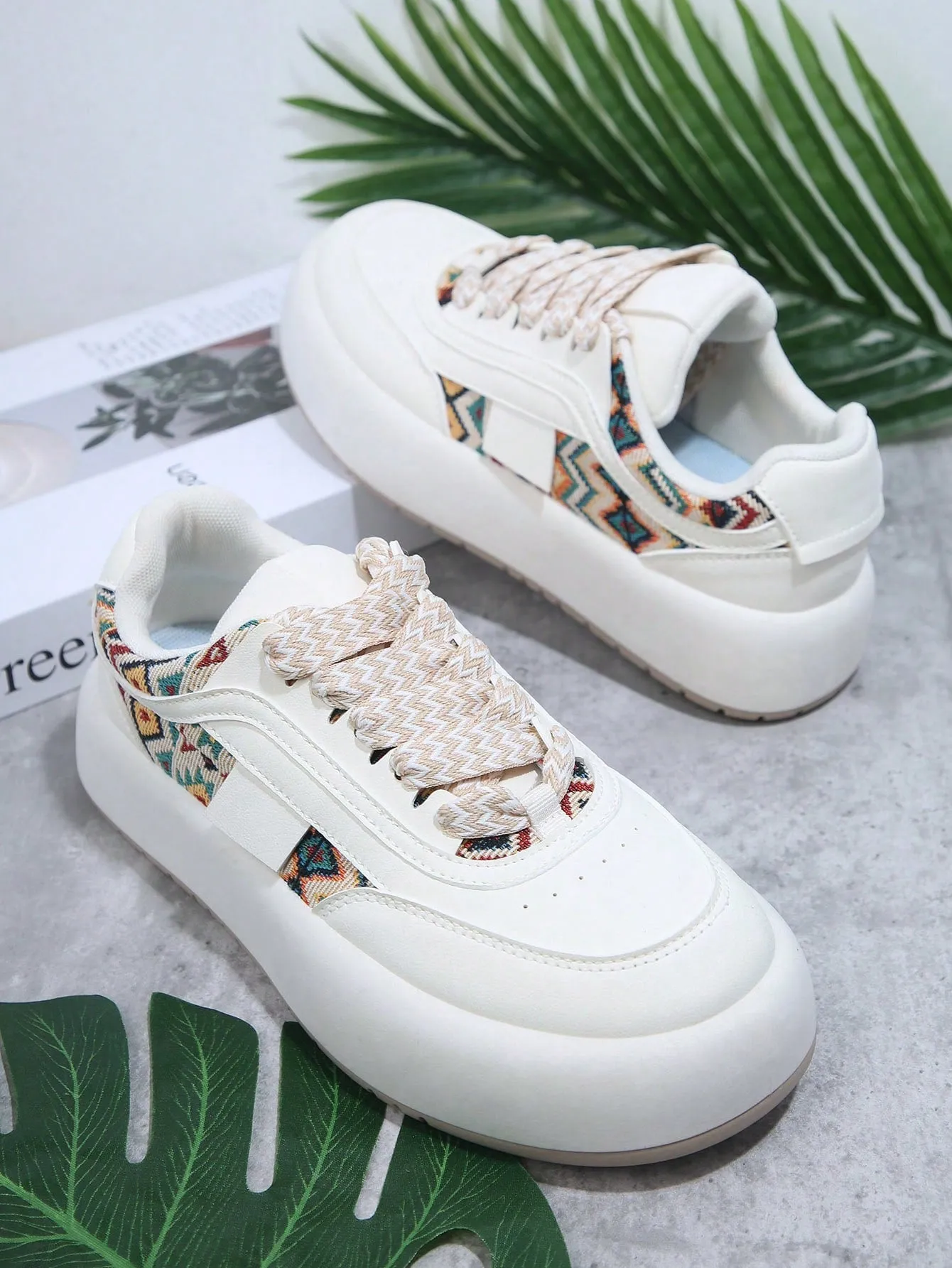 Geo Pattern Lace Up Chunky Sole Sneakers