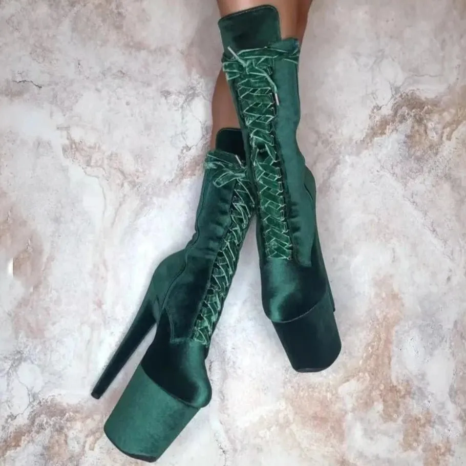 Green Flock Lace Up Boots Mid Calf Thin High Heel Cool Fashion Sexy Woman Shoes