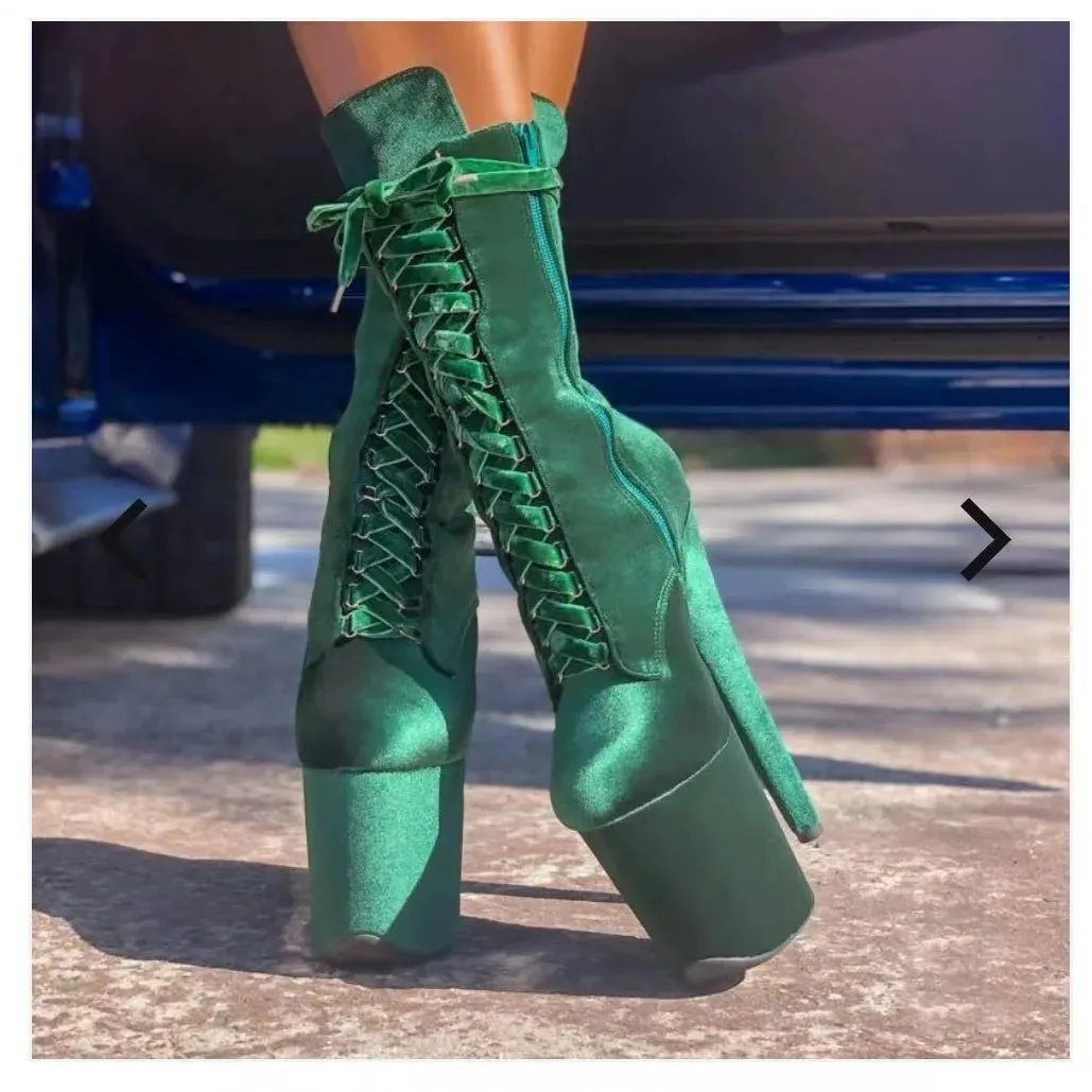 Green Flock Lace Up Boots Mid Calf Thin High Heel Cool Fashion Sexy Woman Shoes