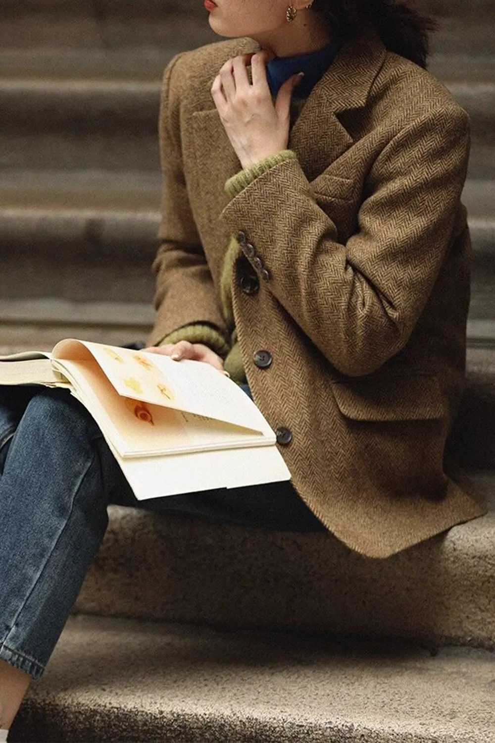 Green Notched Lapel Tweed Women Blazer