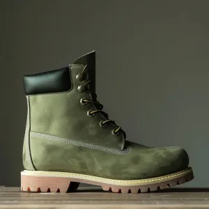 Green Nubuck Leather Amico Ankle Rugged Lace Up Combat Hiking Boots with Chunky Track Sole - Boots