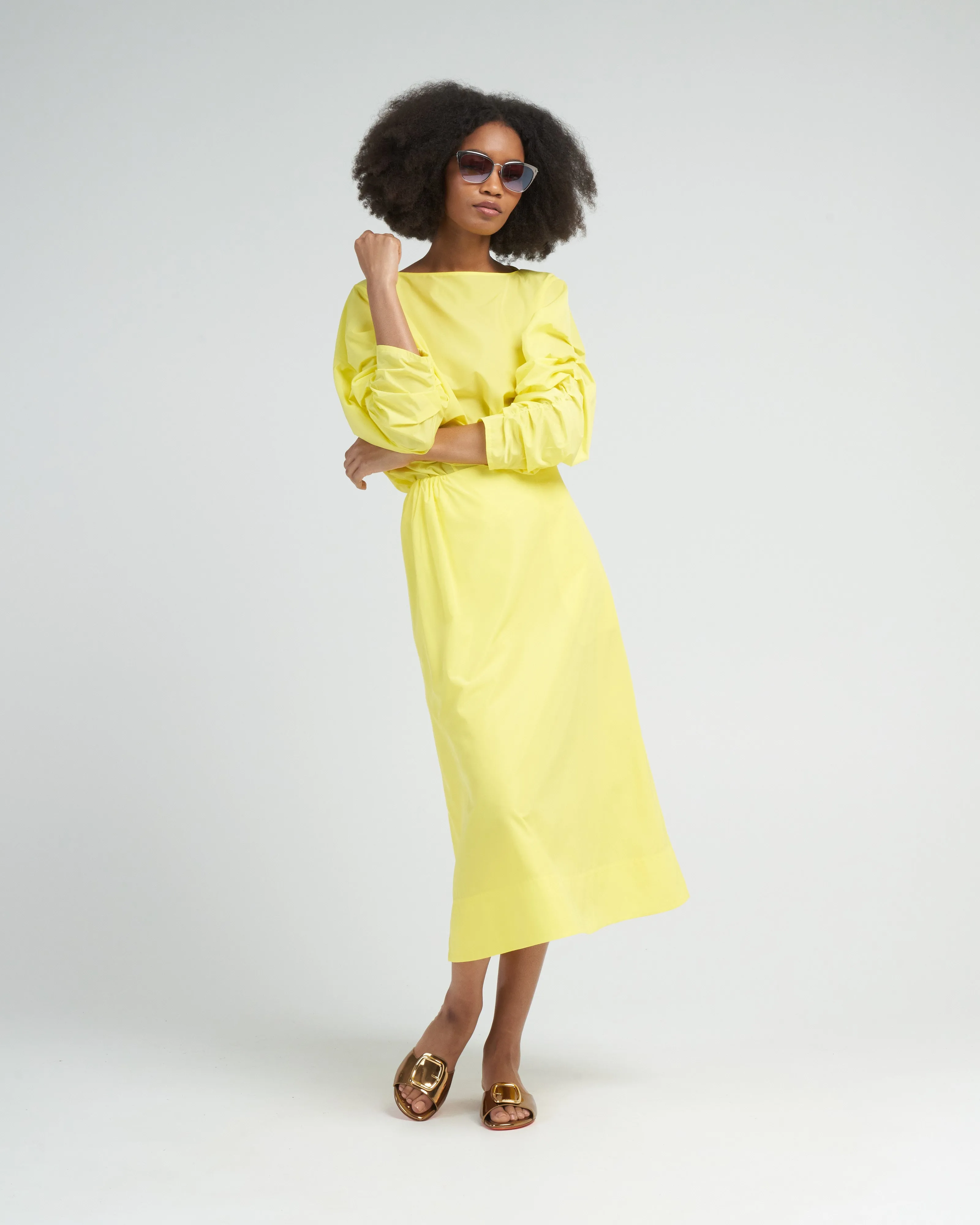 italian sporty nylon shirred sleeve top - yellow
