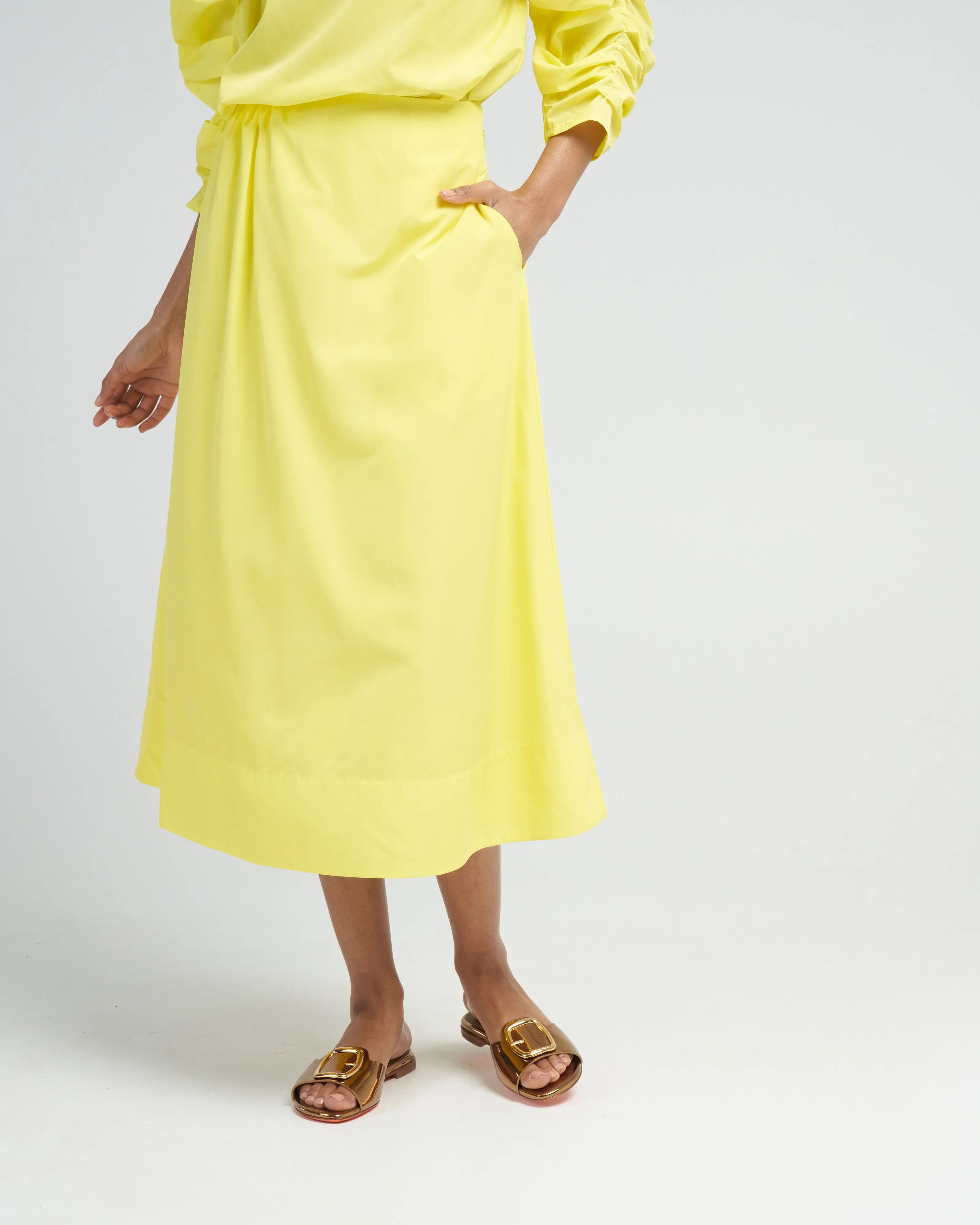 italian sporty nylon side shirred circle skirt - yellow