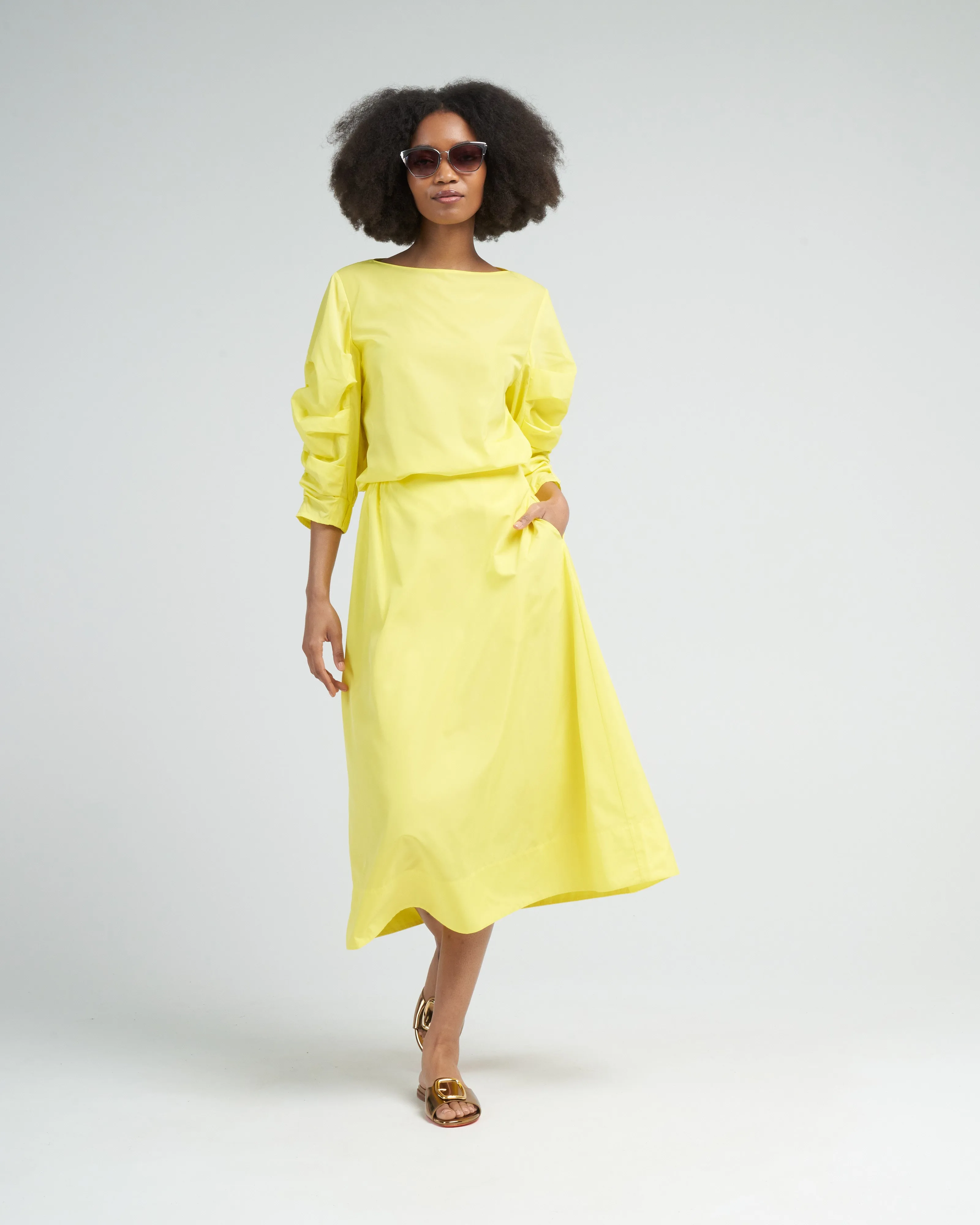 italian sporty nylon side shirred circle skirt - yellow