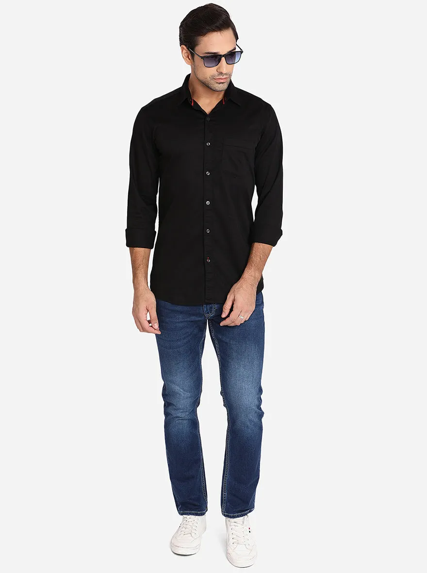 Jet Black Solid Slim Fit Semi Casual Shirt | JadeBlue