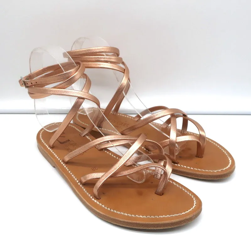 K.Jacques Zenobie Ankle Wrap Thong Sandals Peach Metallic Leather Size 38