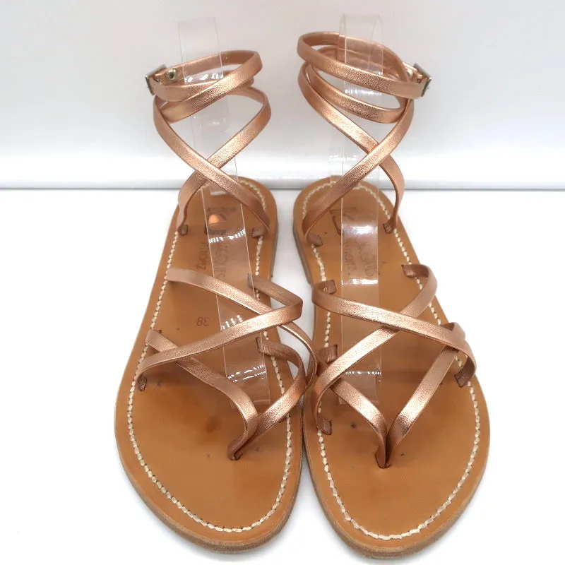 K.Jacques Zenobie Ankle Wrap Thong Sandals Peach Metallic Leather Size 38