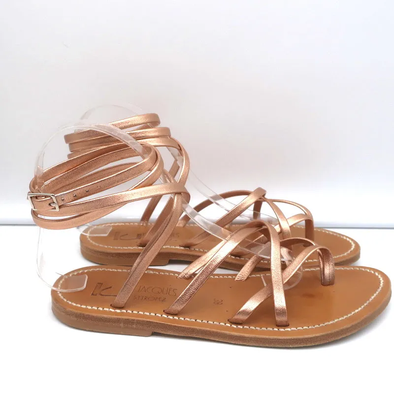 K.Jacques Zenobie Ankle Wrap Thong Sandals Peach Metallic Leather Size 38