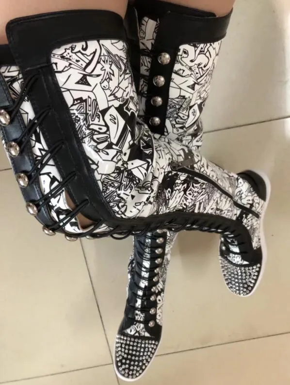 Ladies Metal Rivets Studs Round Toe Lace Up Thigh Boots