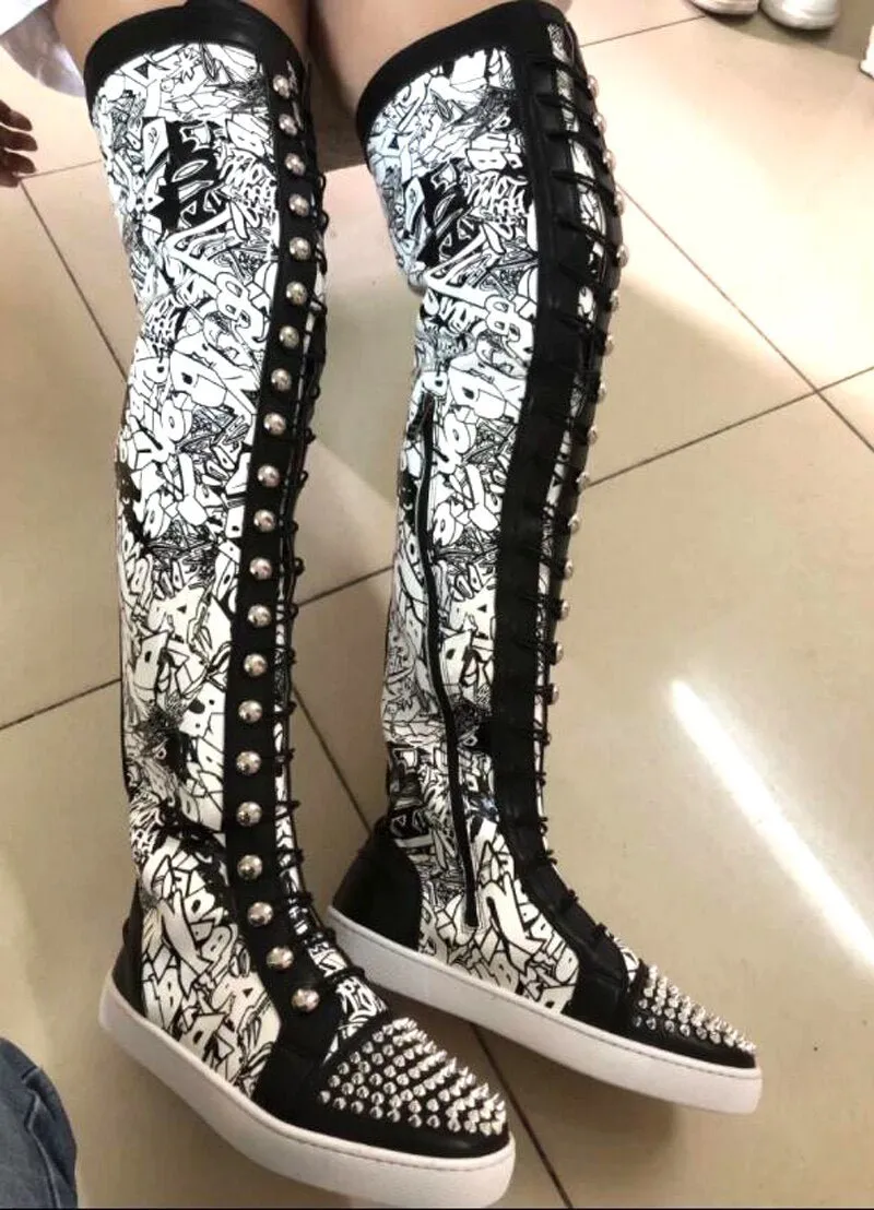 Ladies Metal Rivets Studs Round Toe Lace Up Thigh Boots