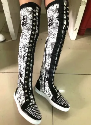 Ladies Metal Rivets Studs Round Toe Lace Up Thigh Boots