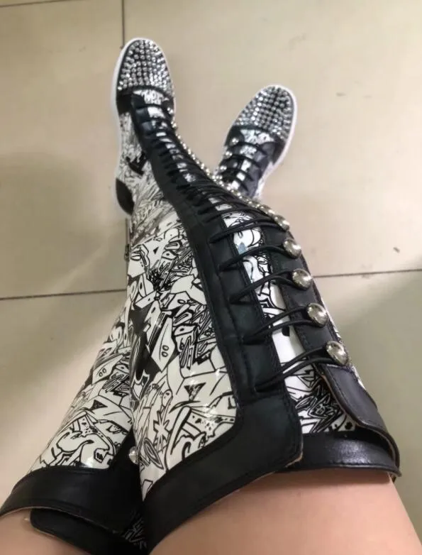 Ladies Metal Rivets Studs Round Toe Lace Up Thigh Boots