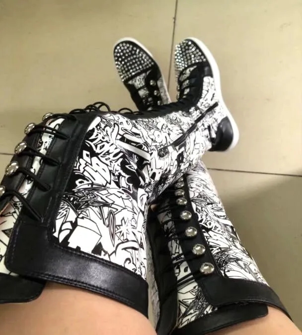 Ladies Metal Rivets Studs Round Toe Lace Up Thigh Boots