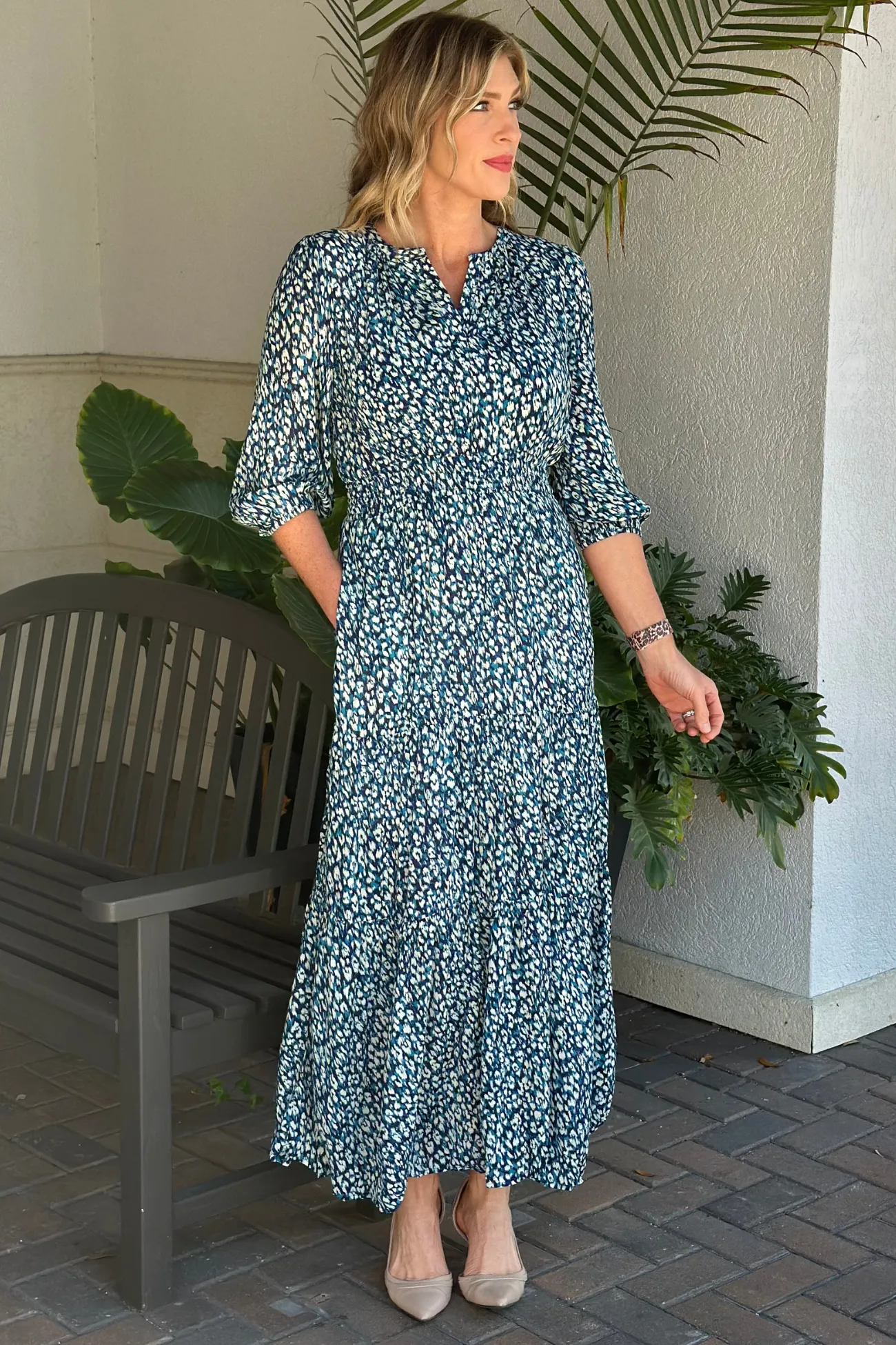 Liverpool Blue Topaz Animal Tiered Maxi Dress