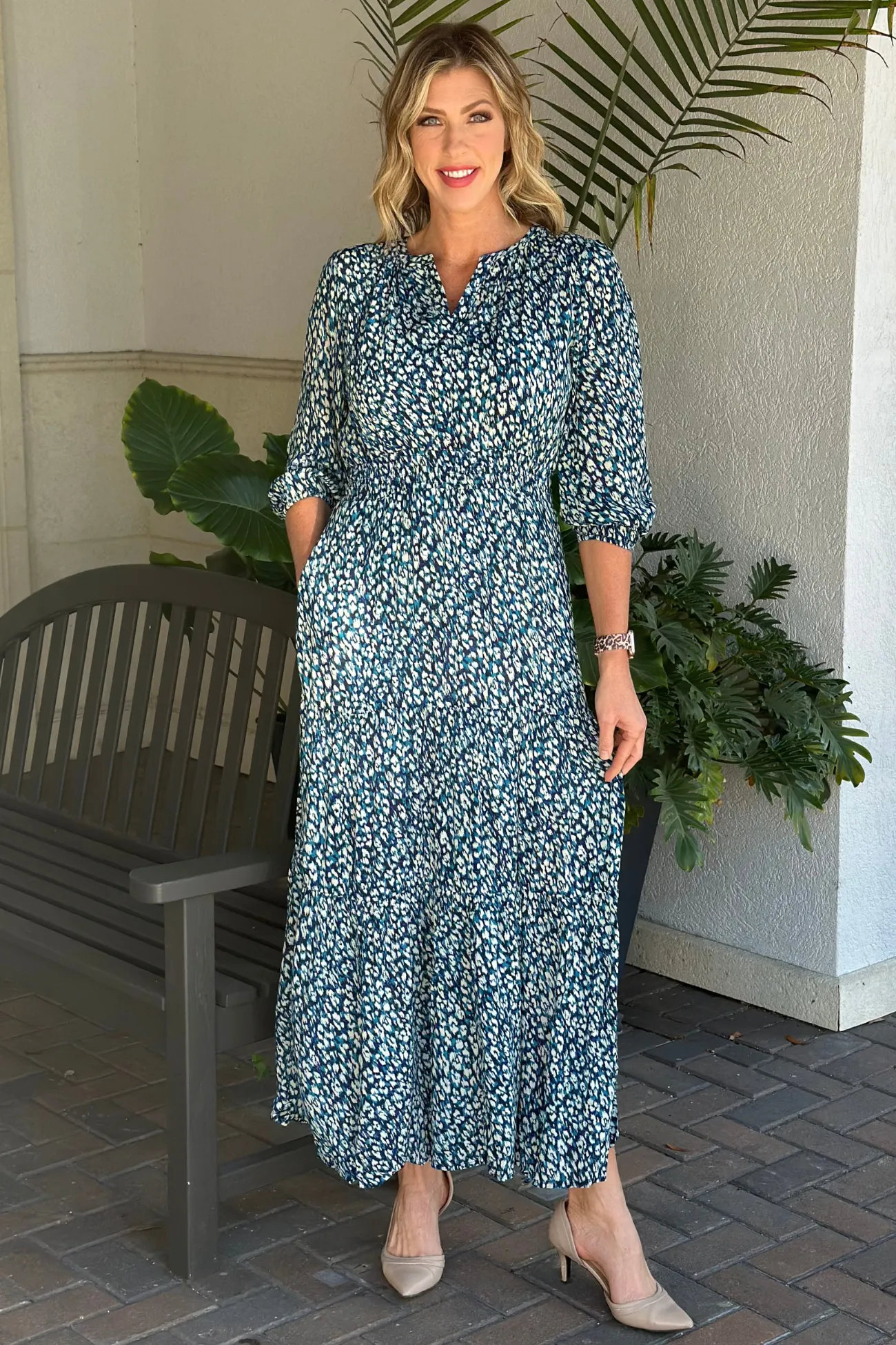 Liverpool Blue Topaz Animal Tiered Maxi Dress