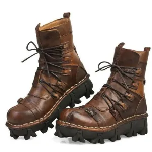 Men's Cowhide Genuine Leather Work Boots Military Combat Boots Gothic Skull Punk Motorcycle Martin Boots