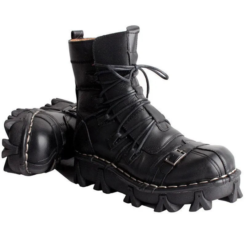 Men's Cowhide Genuine Leather Work Boots Military Combat Boots Gothic Skull Punk Motorcycle Martin Boots