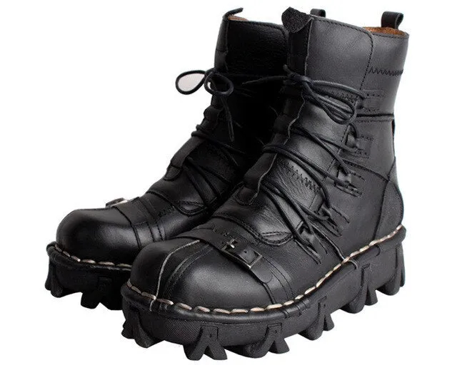 Men's Cowhide Genuine Leather Work Boots Military Combat Boots Gothic Skull Punk Motorcycle Martin Boots