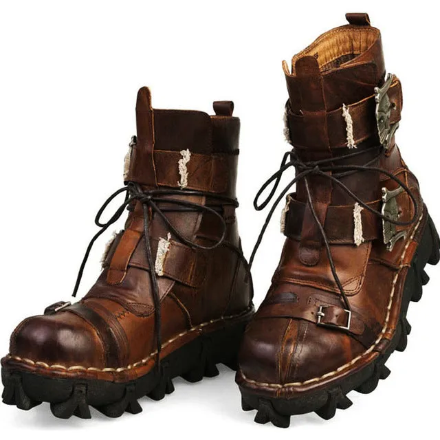 Men's Cowhide Genuine Leather Work Boots Military Combat Boots Gothic Skull Punk Motorcycle Martin Boots