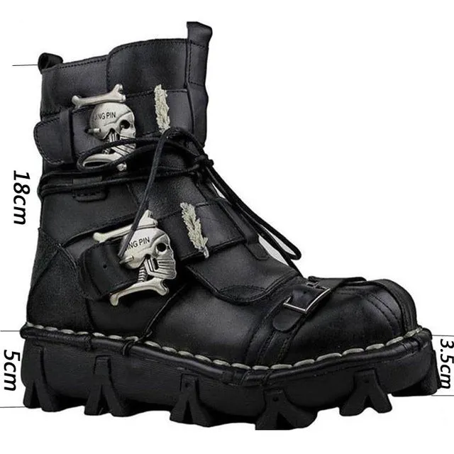 Men's Cowhide Genuine Leather Work Boots Military Combat Boots Gothic Skull Punk Motorcycle Martin Boots