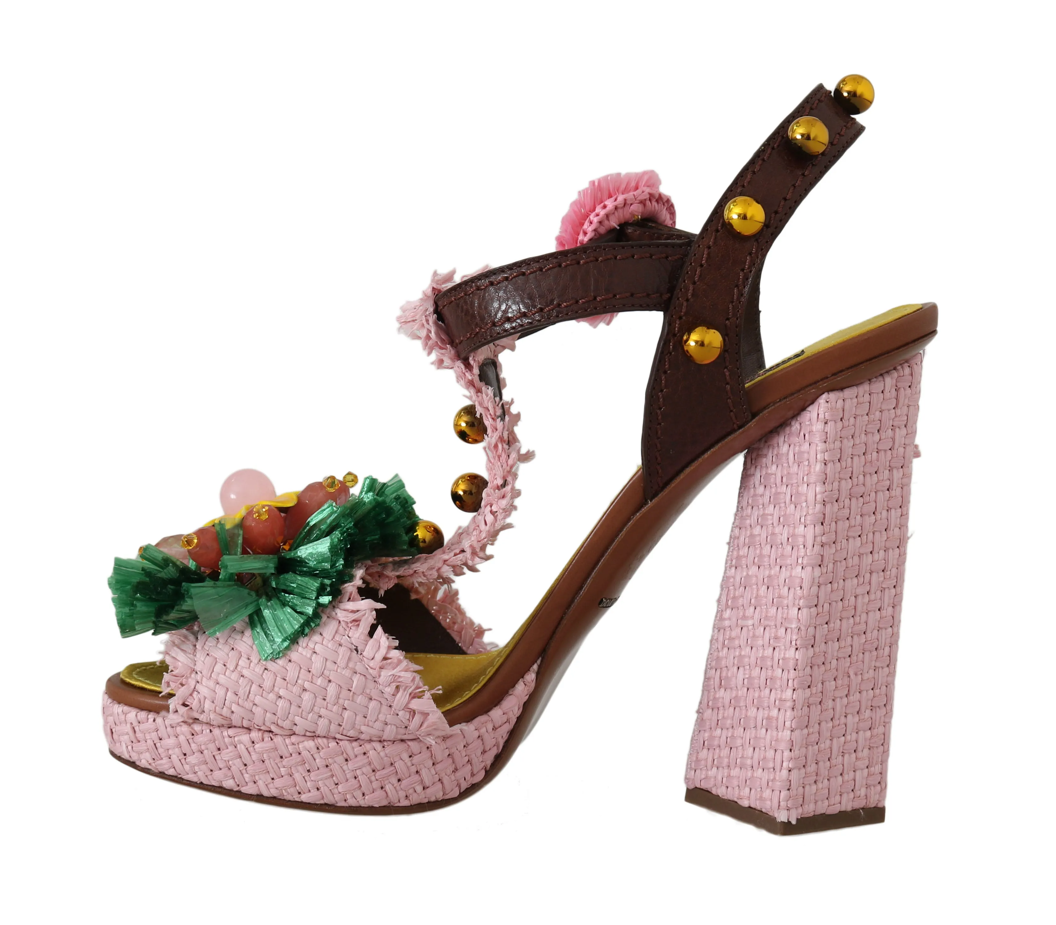 Pink Raffia Crystal Leather Sandals