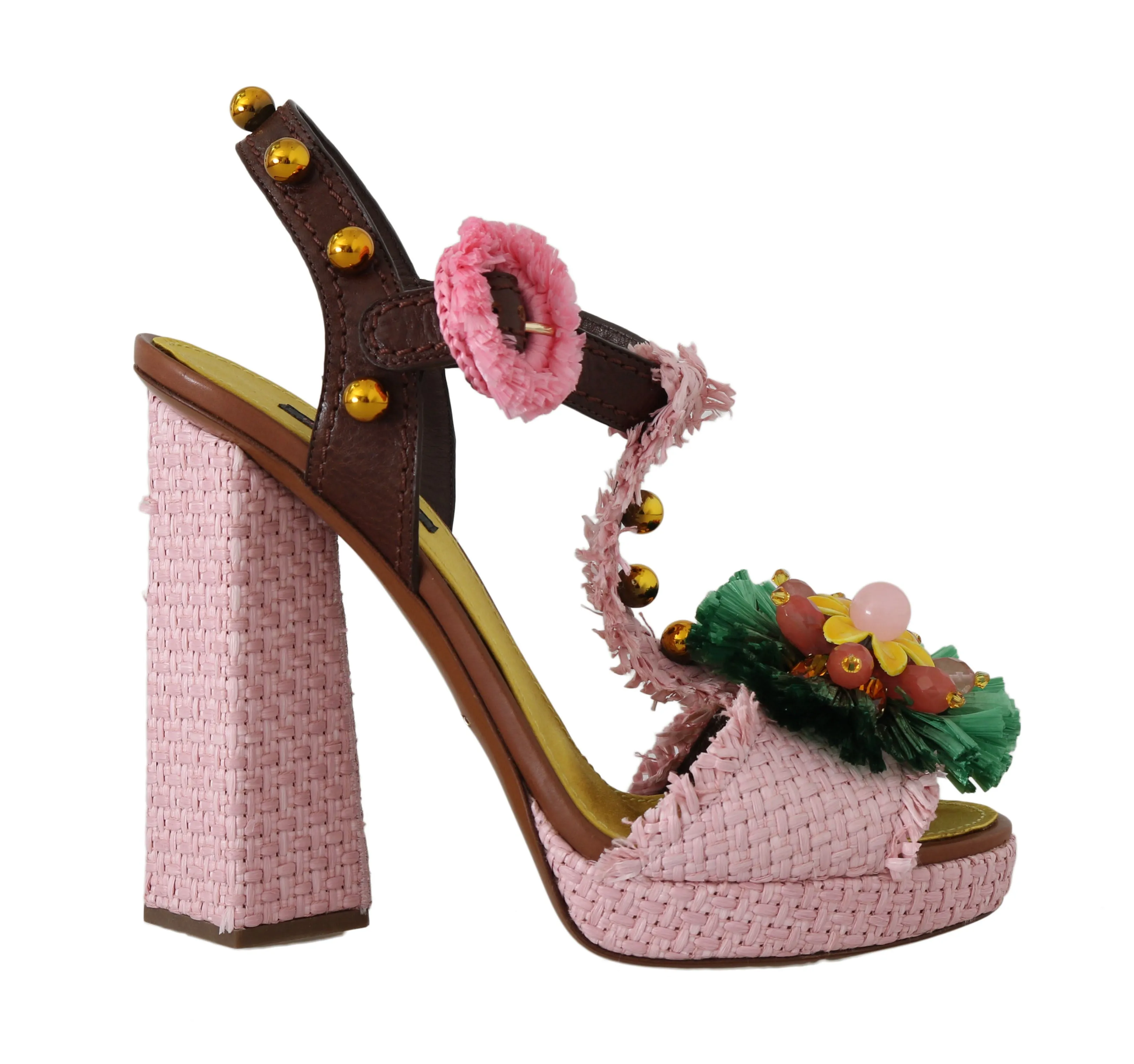 Pink Raffia Crystal Leather Sandals
