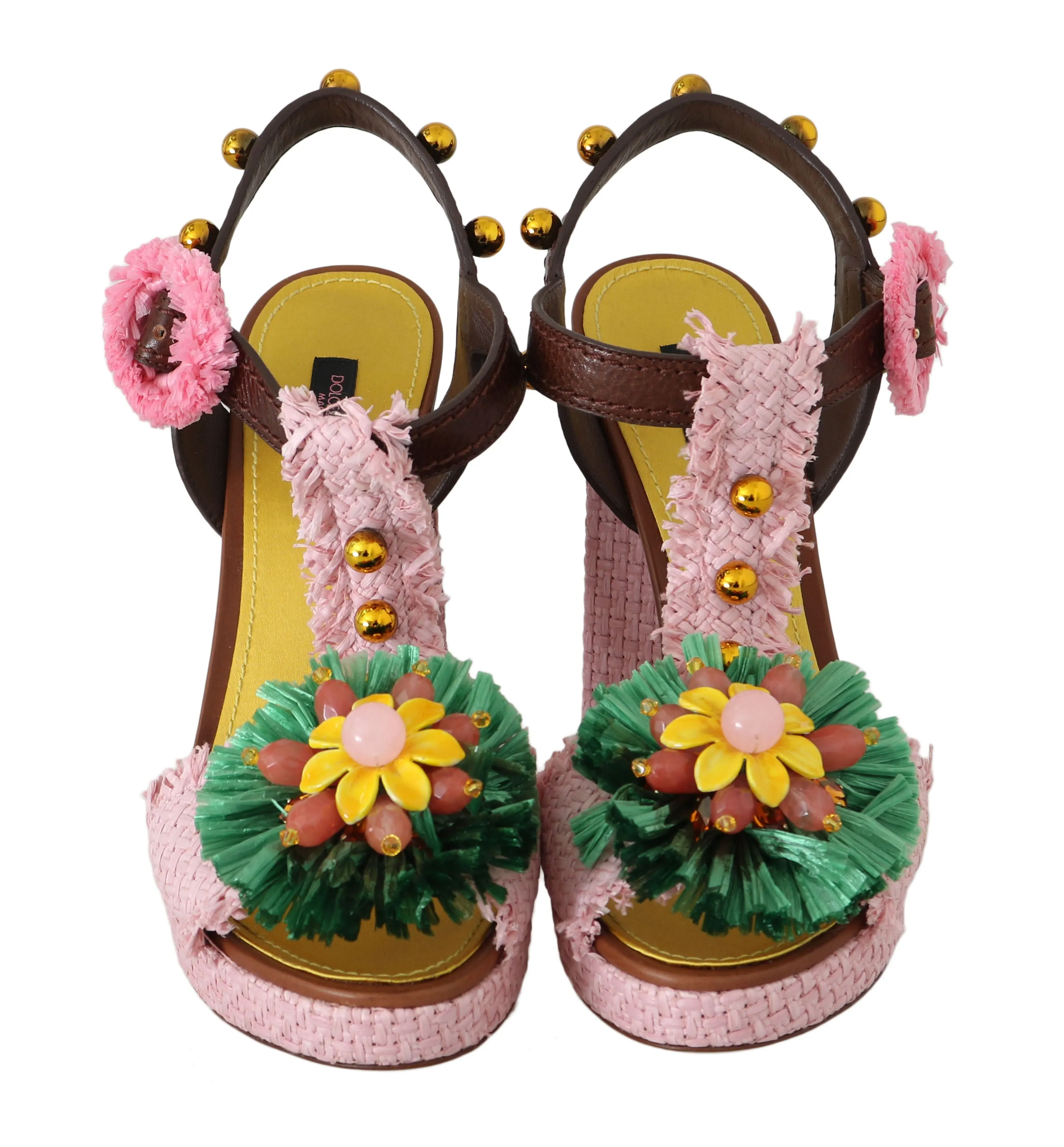 Pink Raffia Crystal Leather Sandals