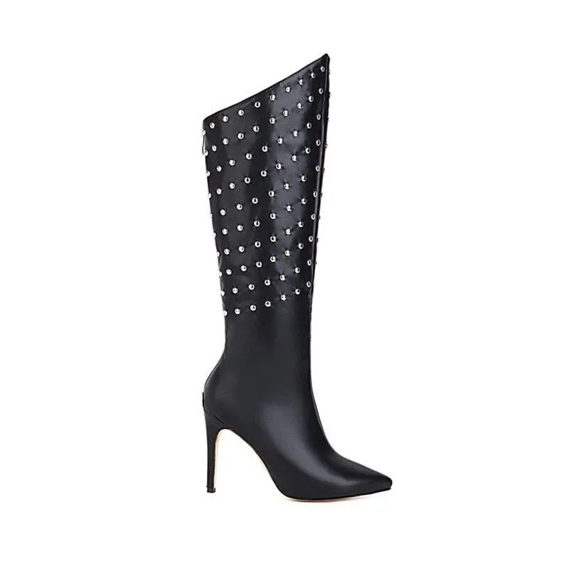 Pointed Toe Knee High Boots Punk Rivets Motorcycle Boots