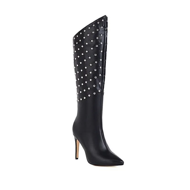 Pointed Toe Knee High Boots Punk Rivets Motorcycle Boots