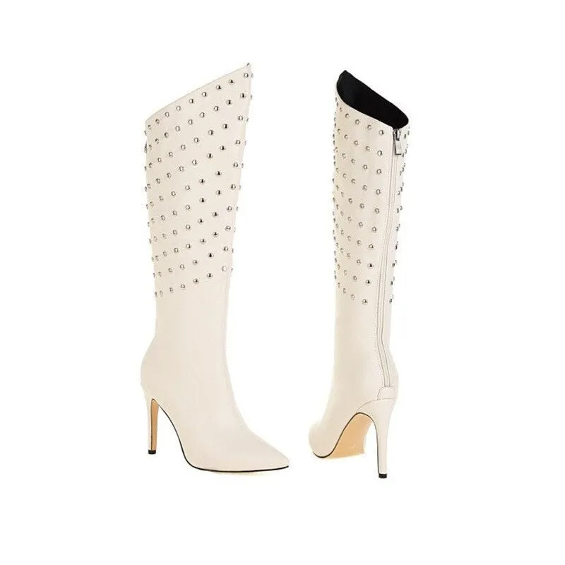 Pointed Toe Knee High Boots Punk Rivets Motorcycle Boots