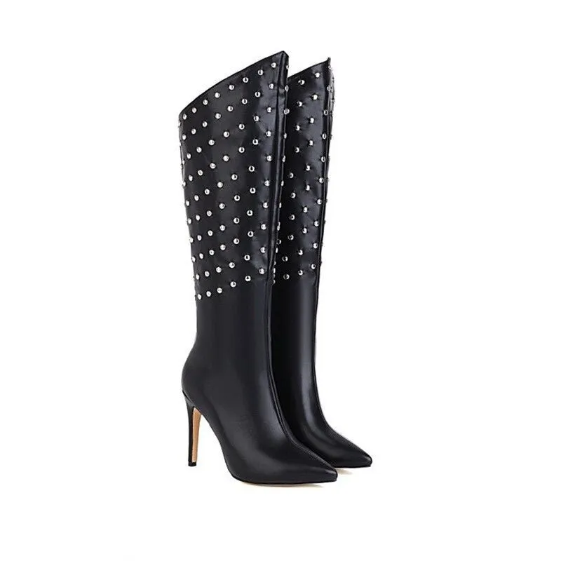 Pointed Toe Knee High Boots Punk Rivets Motorcycle Boots