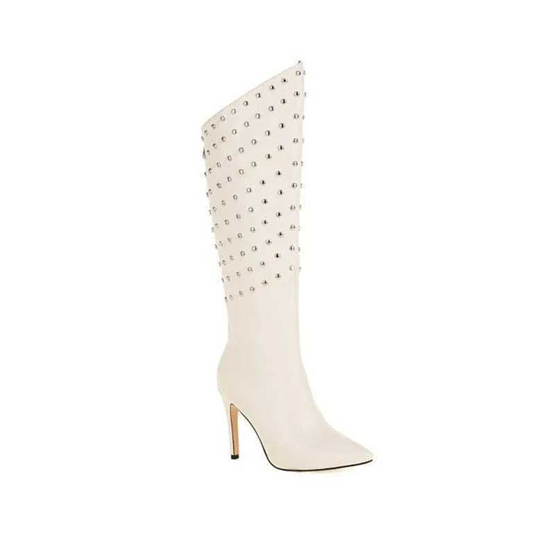 Pointed Toe Knee High Boots Punk Rivets Motorcycle Boots
